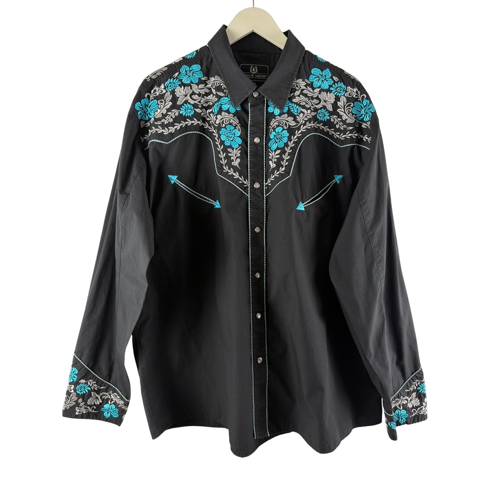 Salvaje Oeste Mens 2XL Black Floral Embroidered Western Snap Button Shirt Cowboy